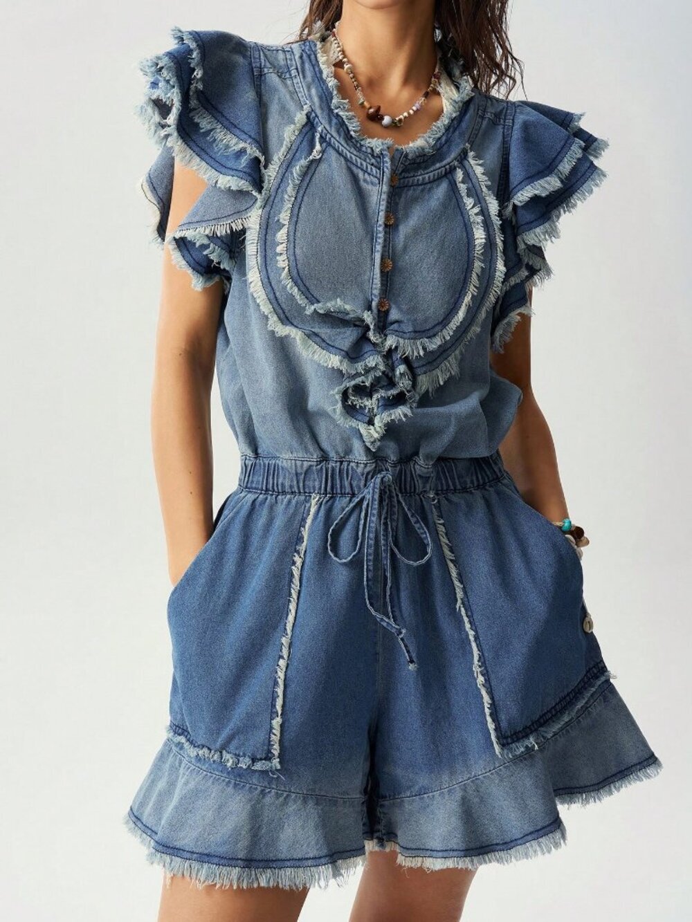 Blue Casual Women's Woven Ruffle Distressed Washed Denim romper Jumpsuit